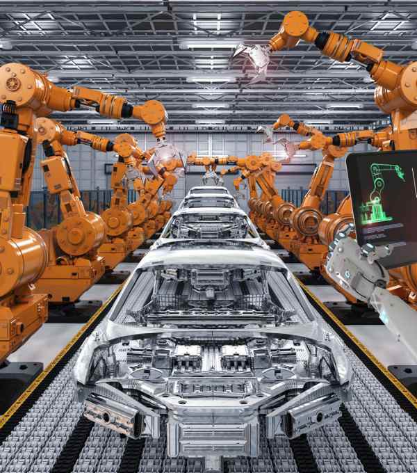 3d rendering cyborg control robot assembly line in car factory
